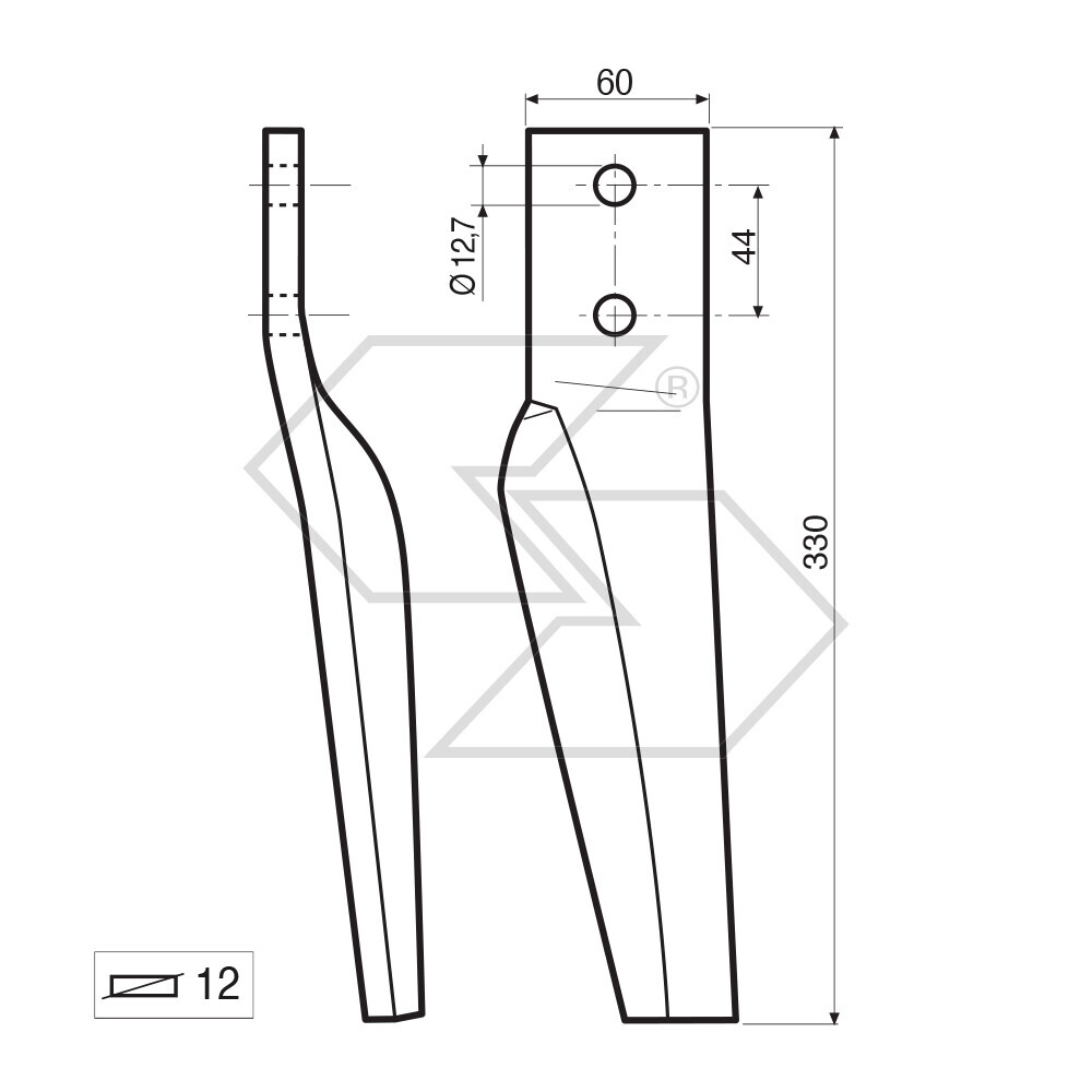 Dente per erpice Dx - 330x60x12 - adattabile a: Maschio: HB-HM Dente per erpice Dx - 330x60x12 - adattabile a: Maschio: HB-HM