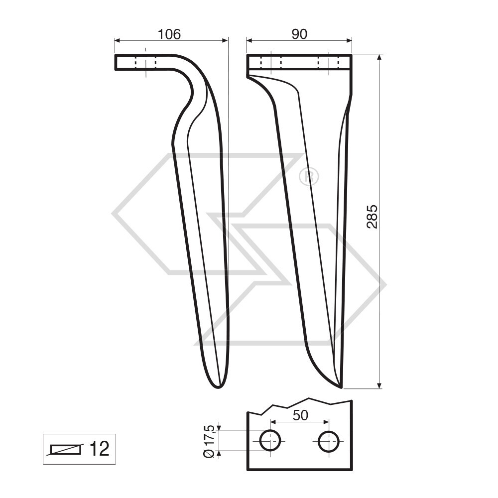 Dente per erpice Dx - 285x106x12 - adattabile a: Maschio: Diamante DC-DS-DL Dente per erpice Dx - 285x106x12 - adattabile a: Maschio: Diamante DC-DS-DL