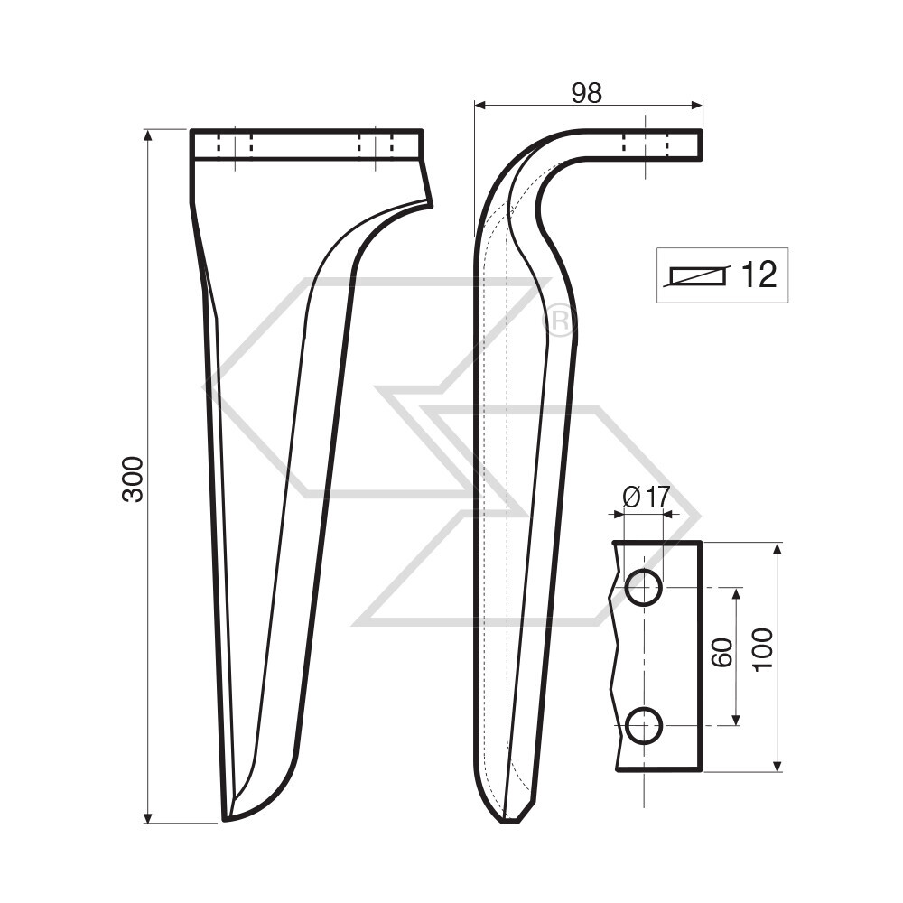 Dente per erpice Sx - 300x98x12 - adattabile a: Maschio: Dominator DM
