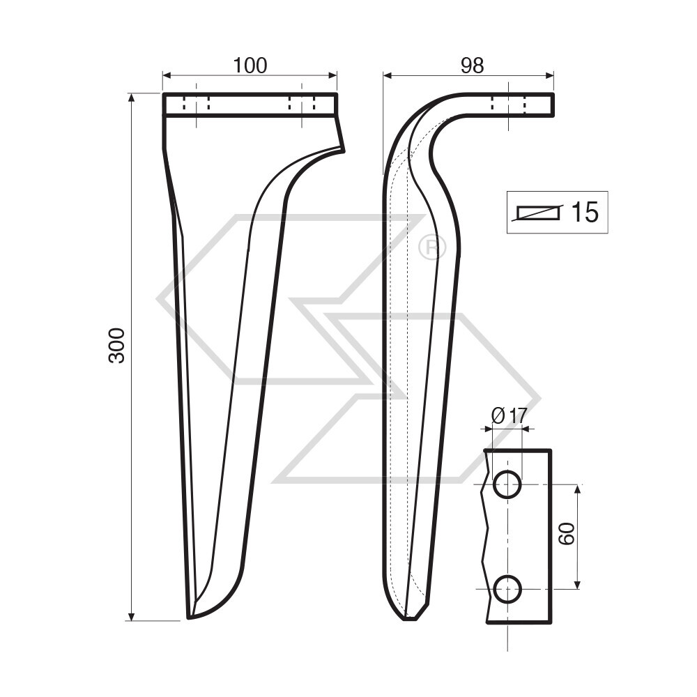 Dente per erpice Sx - 300x100x15 - adattabile a: Maschio: Dominator DM