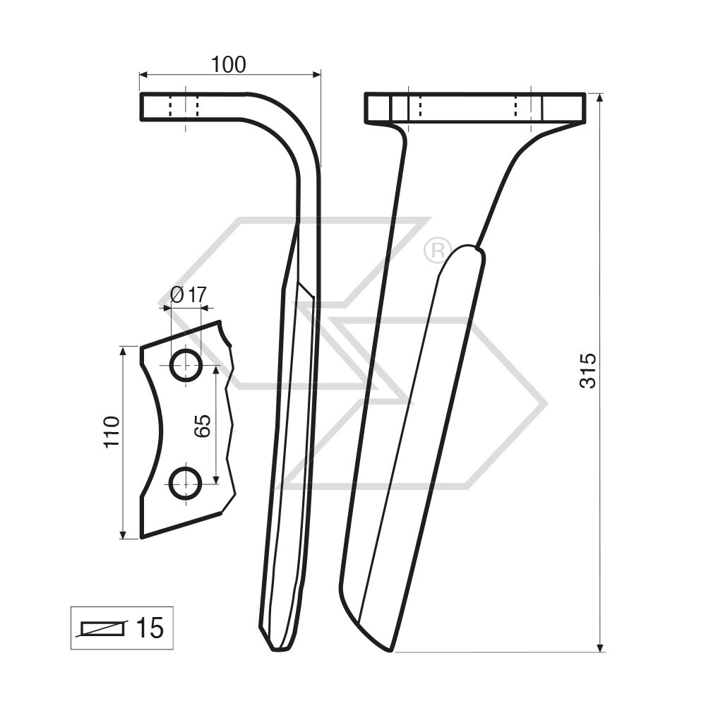 Dente per erpice Dx - 315x100x15 - adattabile a: Perugini: RK 390414 Dente per erpice Dx - 315x100x15 - adattabile a: Perugini: RK 390414