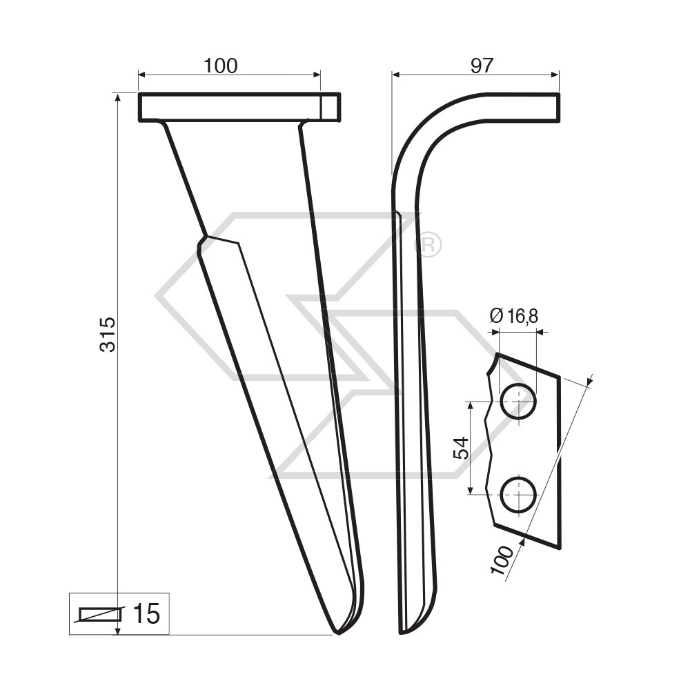 Dente per erpice Dx - 315x100x15 - adattabile a: Perugini: ESK Lg. 310 Dente per erpice Dx - 315x100x15 - adattabile a: Perugini: ESK Lg. 310