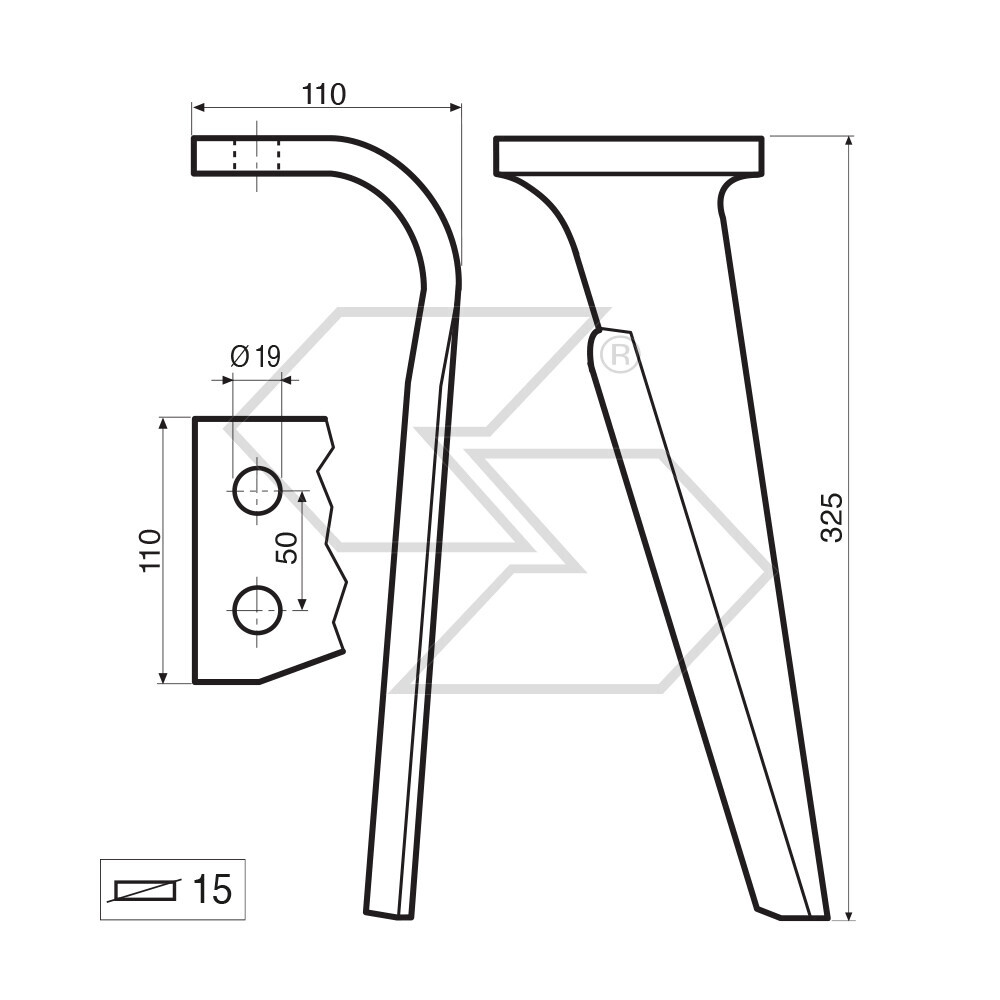 Dente per erpice Dx - 325x110x15 - adattabile a: Maletti Kverneland: PH18 E030146 Dente per erpice Dx - 325x110x15 - adattabile a: Maletti Kverneland: PH18 E030146