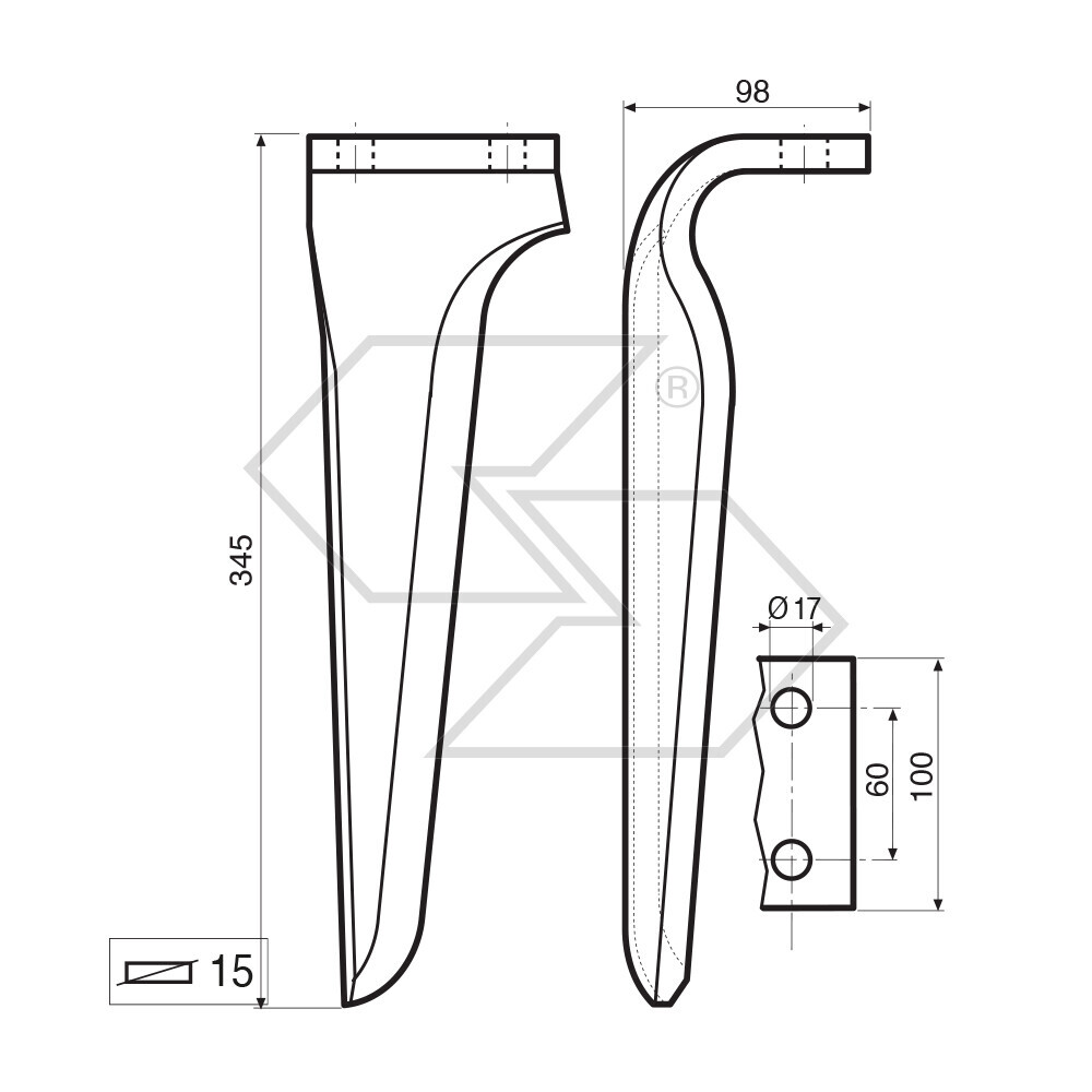 Dente per erpice pesante Dx - 345x98x15 - adattabile a: Maschio: Dominator DM