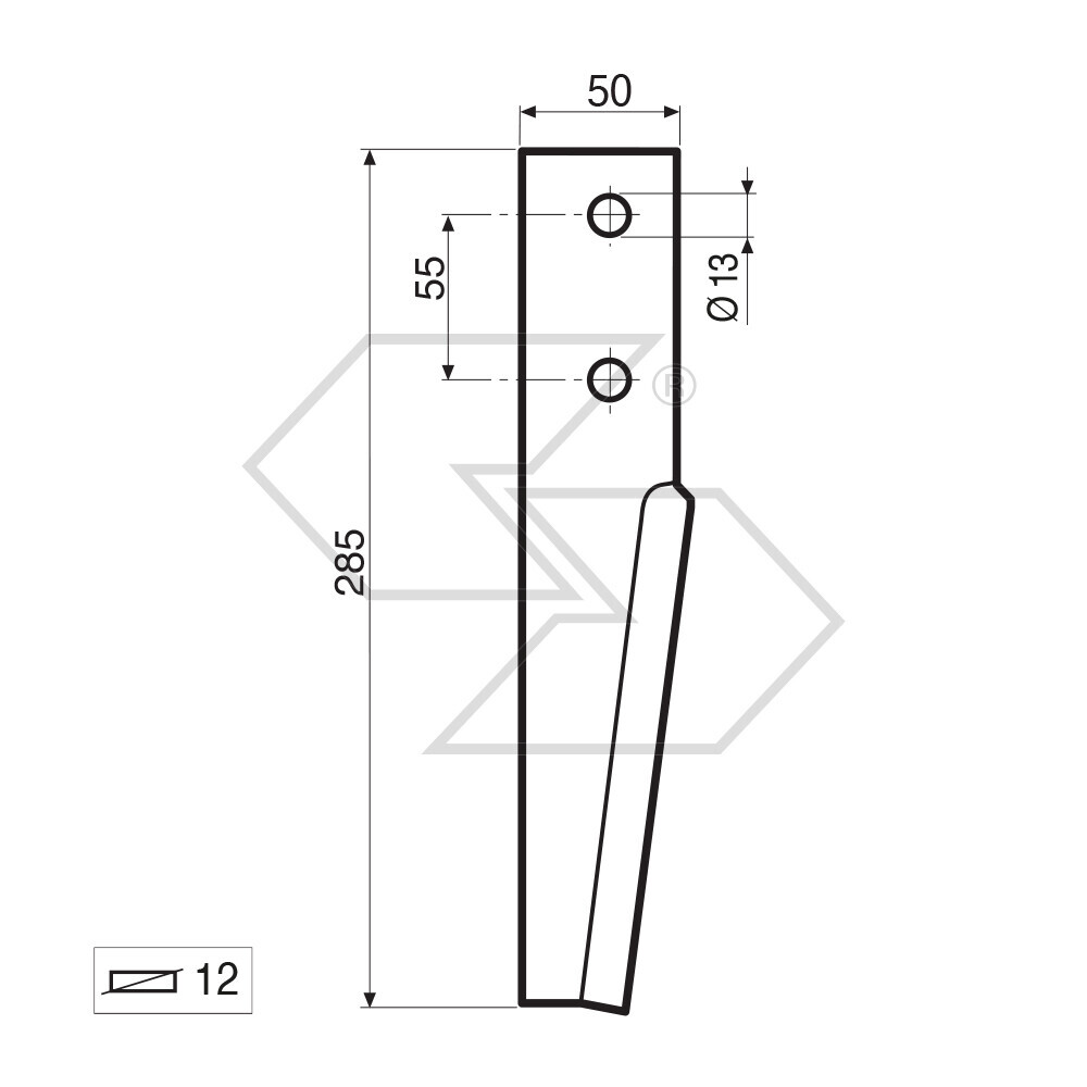 Dente per erpice Dx - 285x50x12 - adattabile a: Breviglieri: TB 250 Dente per erpice Dx - 285x50x12 - adattabile a: Breviglieri: TB 250