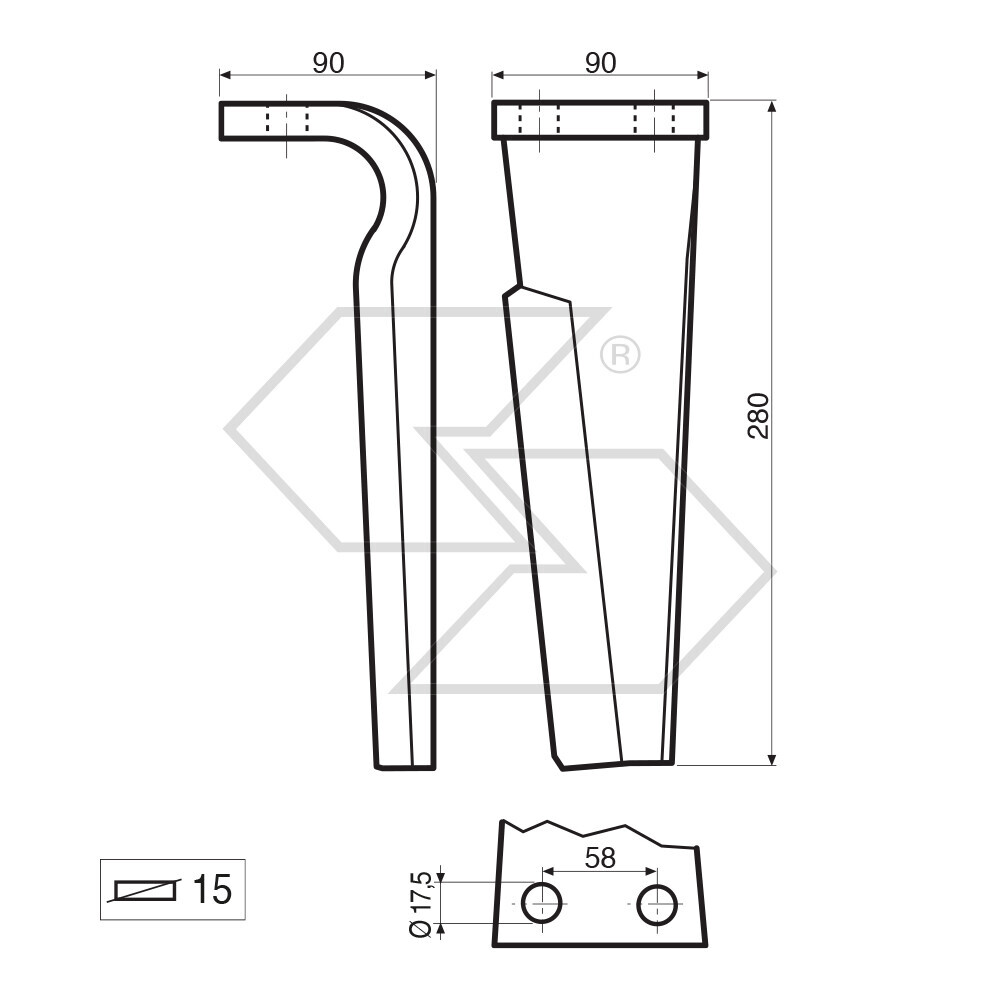 Dente per erpice Dx - 280x90x15 - adattabile a: Carraro: Agritalia 155216 Dente per erpice Dx - 280x90x15 - adattabile a: Carraro: Agritalia 155216