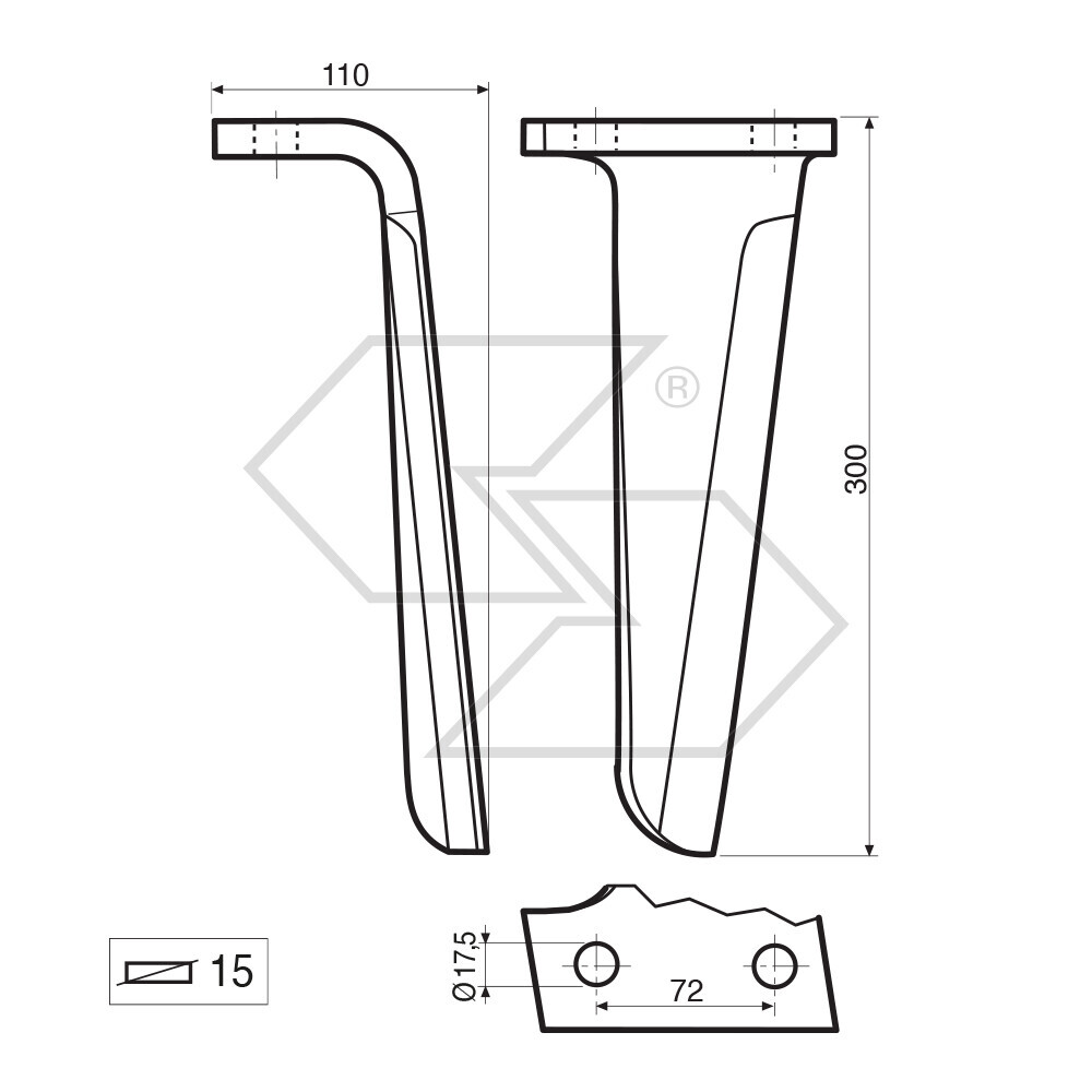 Dente per erpice Dx - 300x110x15 - adattabile a: Celli: KR 622603.5 Dente per erpice Dx - 300x110x15 - adattabile a: Celli: KR 622603.5