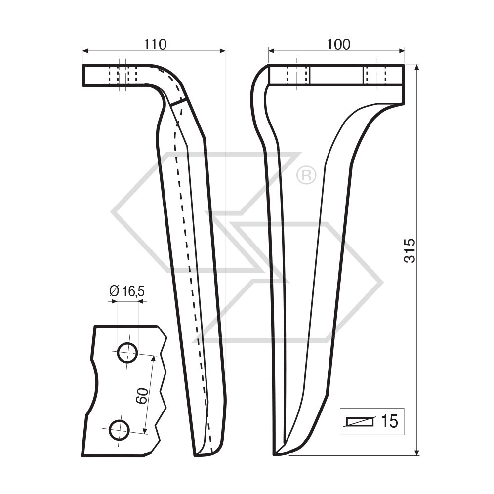 Dente per erpice Dx - 315x110x15 - adattabile a: Howard: R 185506 Dente per erpice Dx - 315x110x15 - adattabile a: Howard: R 185506