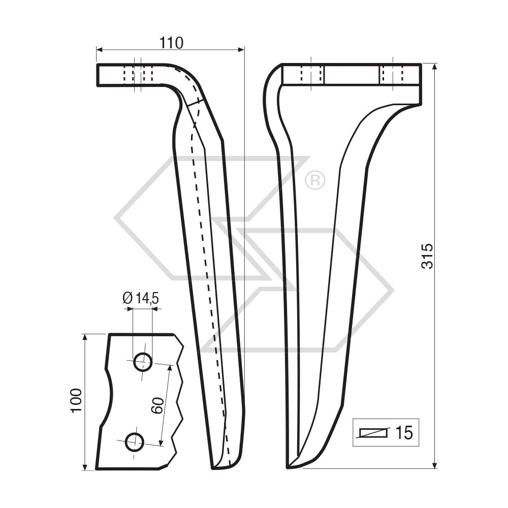 Dente per erpice Dx - 315x110x15 - adattabile a: Howard: R 182940 Dente per erpice Dx - 315x110x15 - adattabile a: Howard: R 182940