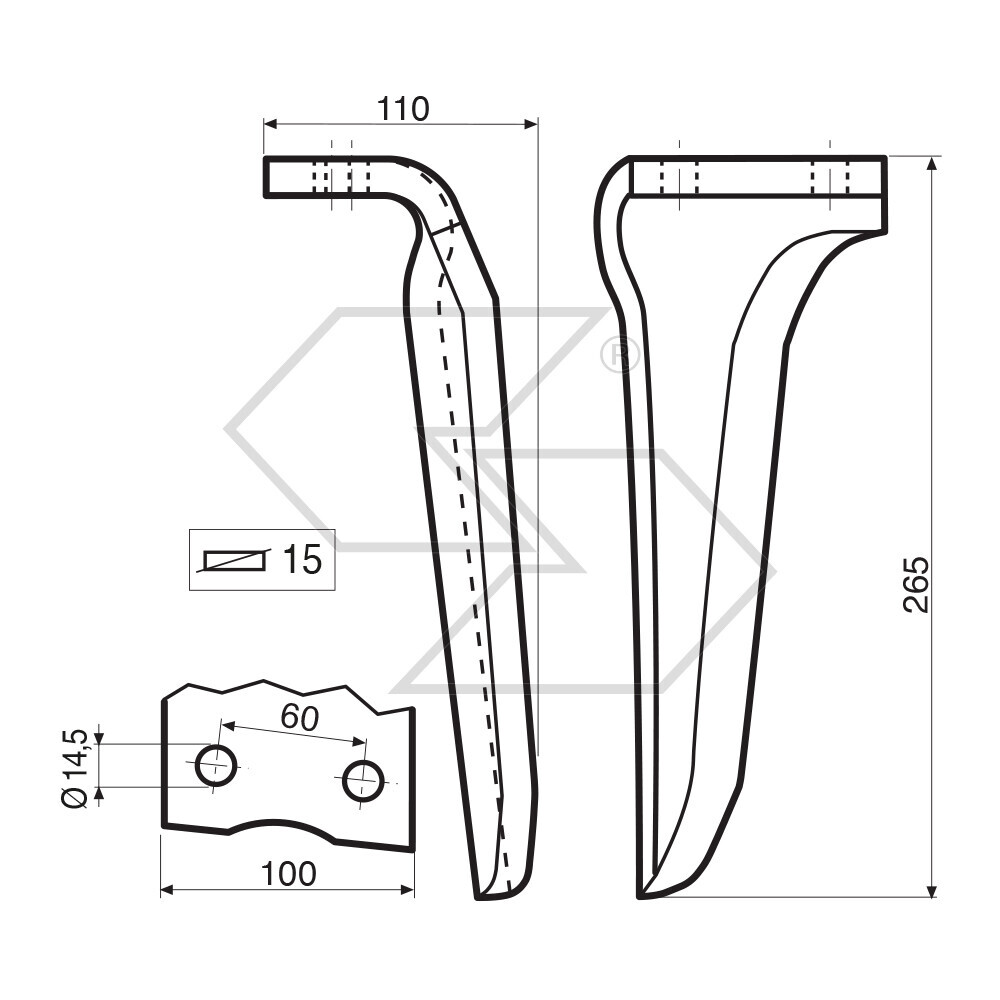 Dente per erpice Sx - 265x110x15 - adattabile a: Howard: R 182937 Dente per erpice Sx - 265x110x15 - adattabile a: Howard: R 182937