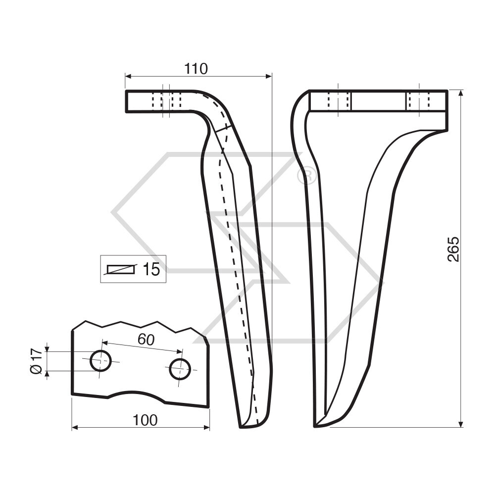 Dente per erpice Dx - 265x110x15 - adattabile a: Howard: R 185516 Dente per erpice Dx - 265x110x15 - adattabile a: Howard: R 185516
