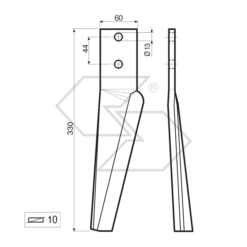 Dente per erpice Dx - 330x60x10 - adattabile a: Maschio: HB-HM Dente per erpice Dx - 330x60x10 - adattabile a: Maschio: HB-HM
